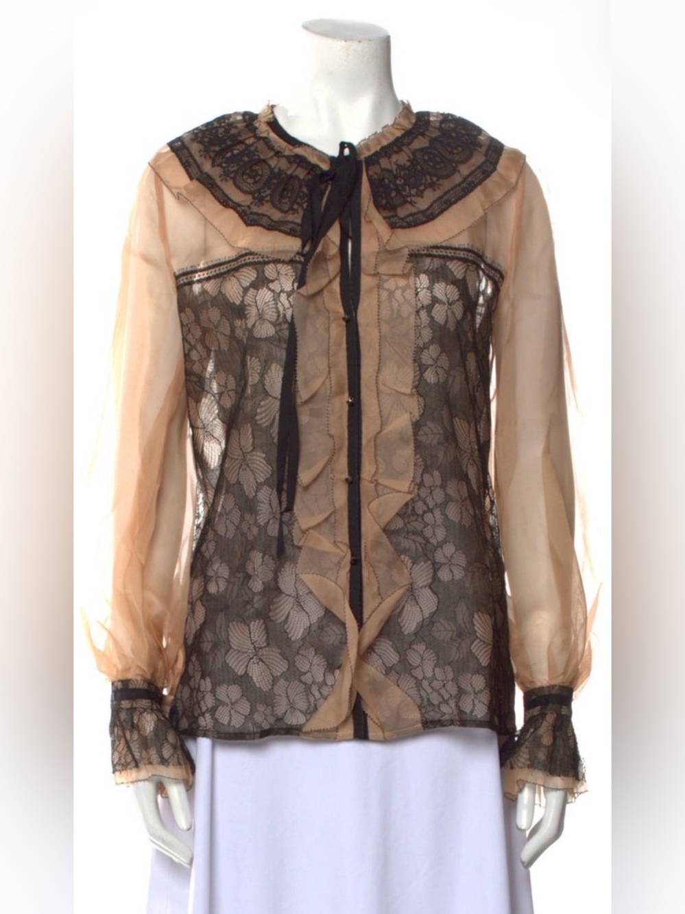 Oscar de la Renta Sheer Beige/Black  Lace Top Sz.S